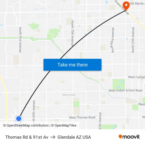 Thomas Rd & 91st Av to Glendale AZ USA map