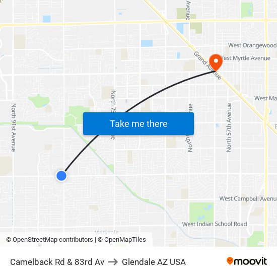 Camelback Rd & 83rd Av to Glendale AZ USA map