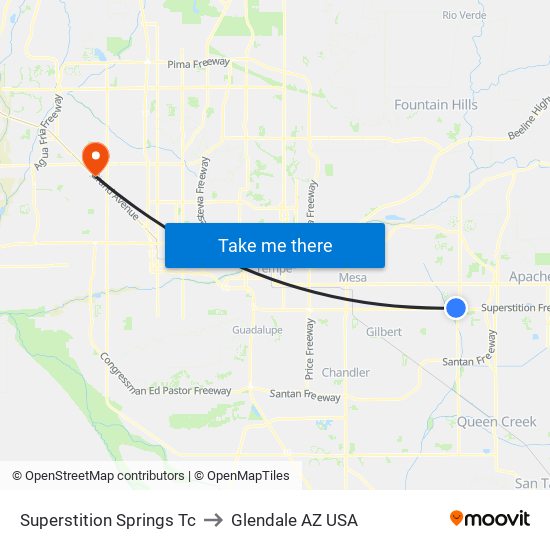 Superstition Springs Tc to Glendale AZ USA map