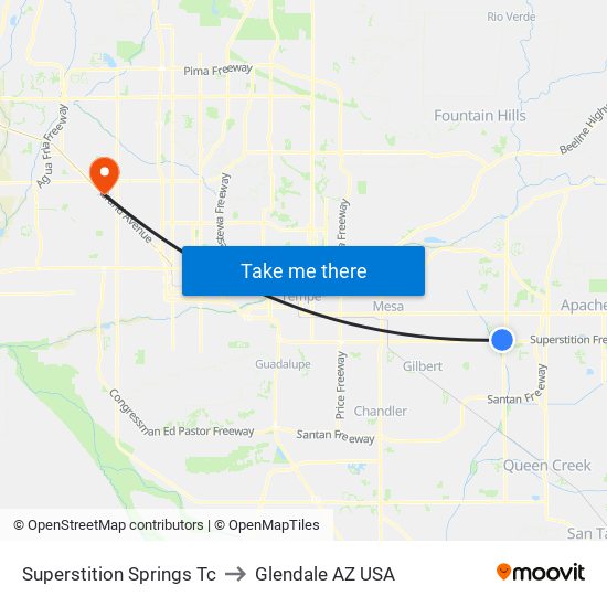 Superstition Springs Tc to Glendale AZ USA map