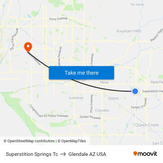 Superstition Springs Tc to Glendale AZ USA map