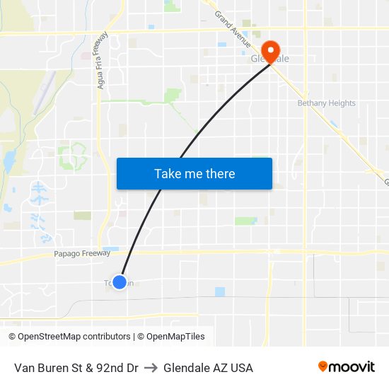 Van Buren St & 92nd Dr to Glendale AZ USA map