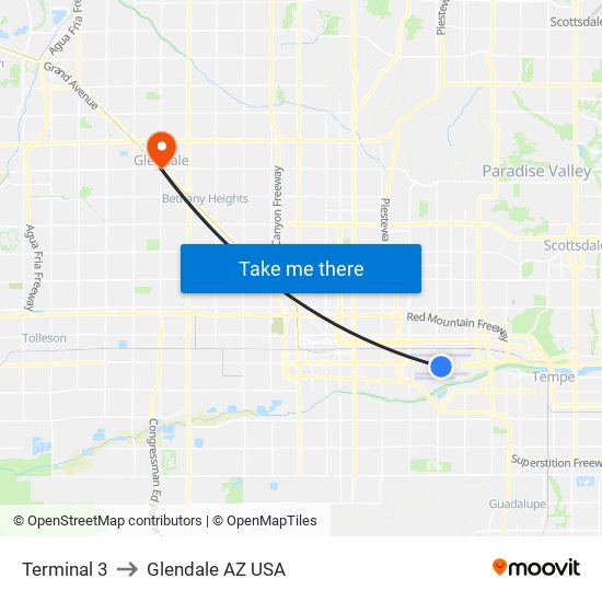 Terminal 3 to Glendale AZ USA map