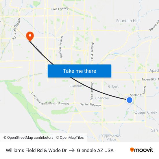 Williams Field Rd & Wade Dr to Glendale AZ USA map