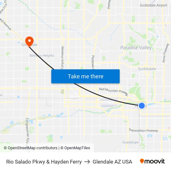 Rio Salado Pkwy & Hayden Ferry to Glendale AZ USA map