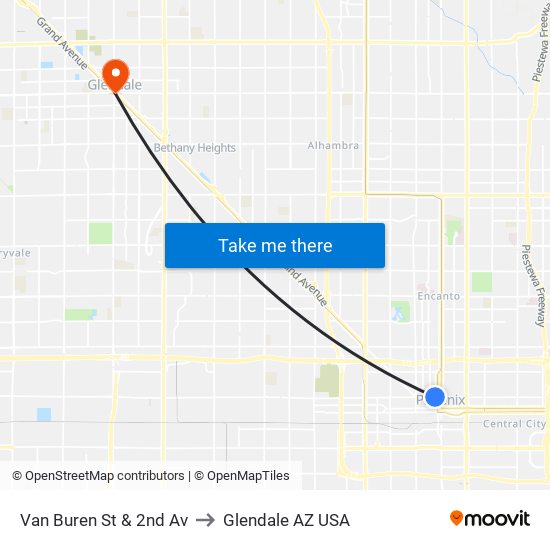 Van Buren St & 2nd Av to Glendale AZ USA map