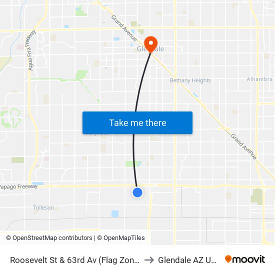 Roosevelt St & 63rd Av (Flag Zone) to Glendale AZ USA map