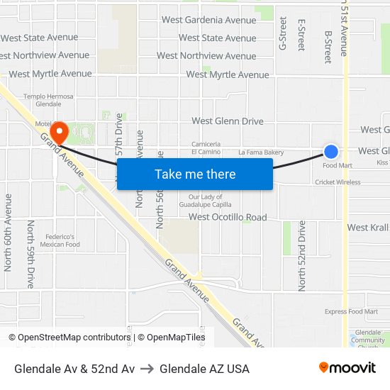 Glendale Av & 52nd Av to Glendale AZ USA map