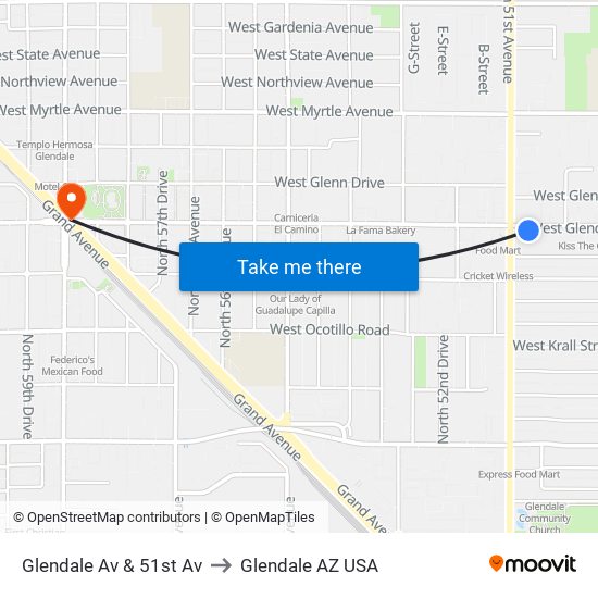 Glendale Av & 51st Av to Glendale AZ USA map