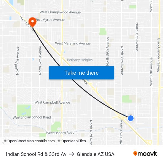 Indian School Rd & 33rd Av to Glendale AZ USA map