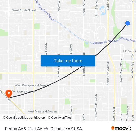 Peoria Av & 21st Av to Glendale AZ USA map