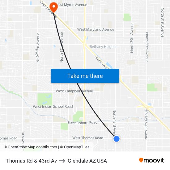 Thomas Rd & 43rd Av to Glendale AZ USA map