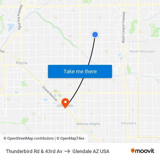 Thunderbird Rd & 43rd Av to Glendale AZ USA map