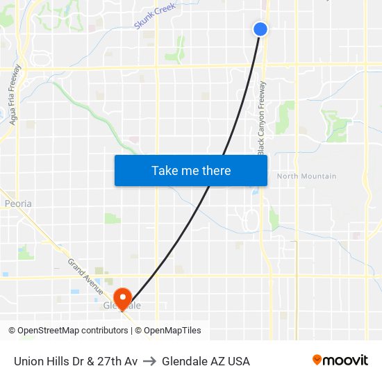 Union Hills Dr & 27th Av to Glendale AZ USA map