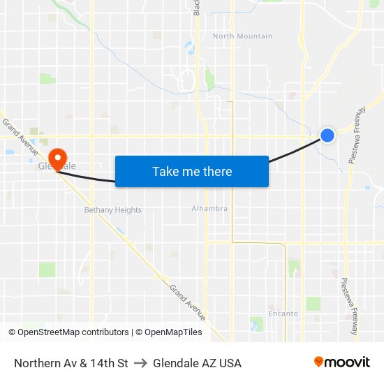 Northern Av & 14th St to Glendale AZ USA map