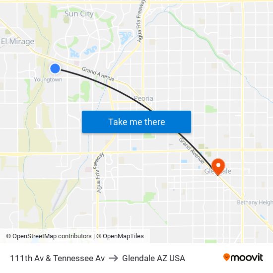 111th Av & Tennessee Av to Glendale AZ USA map
