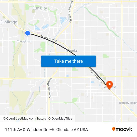 111th Av & Windsor Dr to Glendale AZ USA map