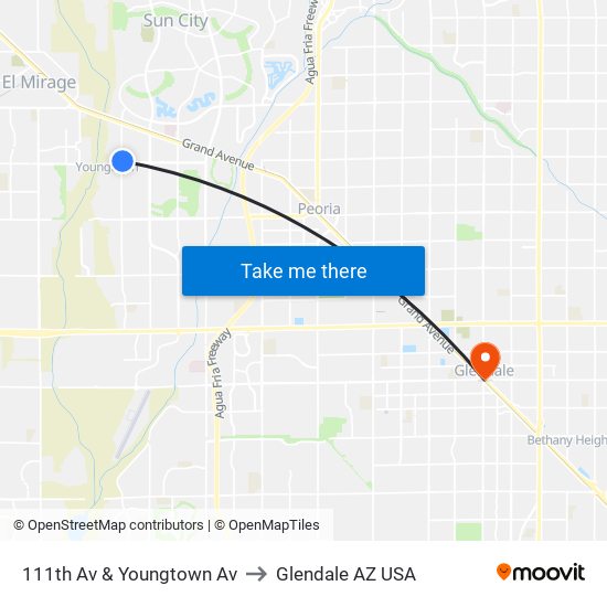 111th Av & Youngtown Av to Glendale AZ USA map