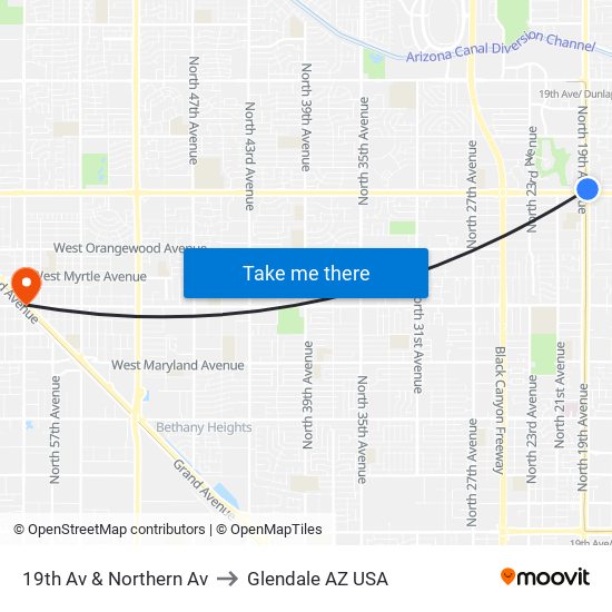 19th Av & Northern Av to Glendale AZ USA map