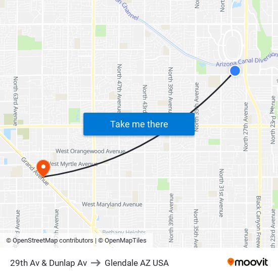 29th Av & Dunlap Av to Glendale AZ USA map