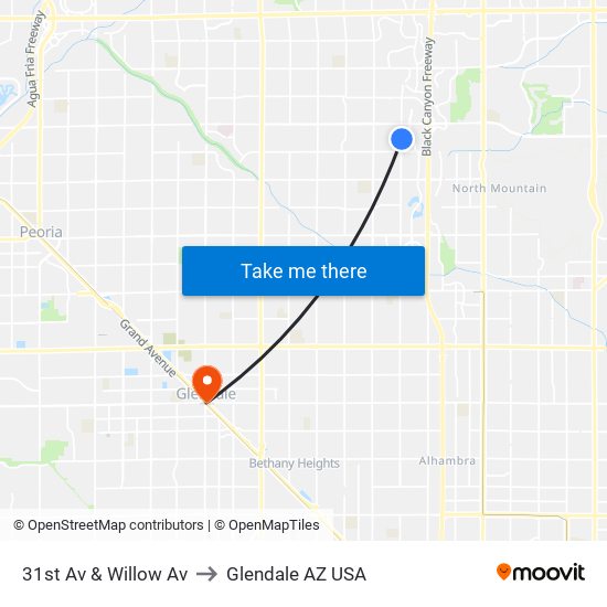 31st Av & Willow Av to Glendale AZ USA map