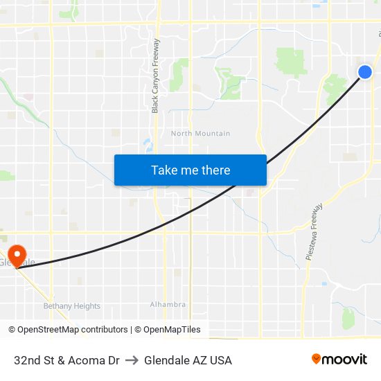 32nd St & Acoma Dr to Glendale AZ USA map