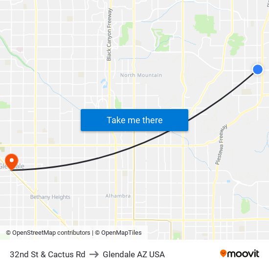 32nd St & Cactus Rd to Glendale AZ USA map