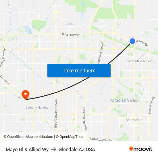 Mayo Bl & Allied Wy to Glendale AZ USA map