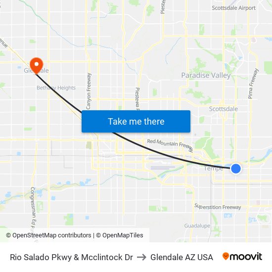 Rio Salado Pkwy & Mcclintock Dr to Glendale AZ USA map