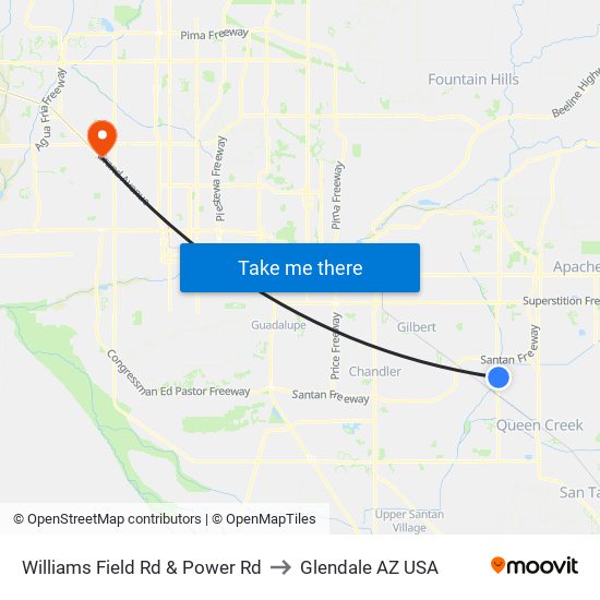 Williams Field Rd & Power Rd to Glendale AZ USA map