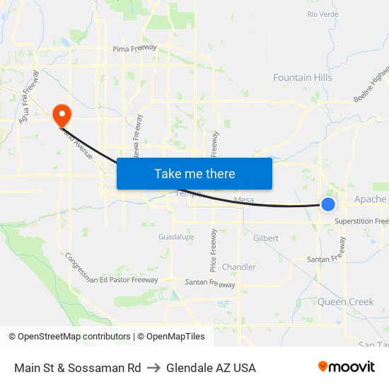 Main St & Sossaman Rd to Glendale AZ USA map