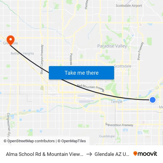 Alma School Rd & Mountain View Dr to Glendale AZ USA map