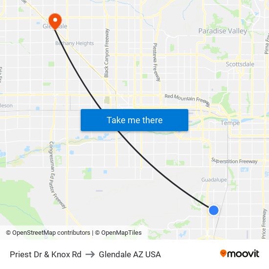 Priest Dr & Knox Rd to Glendale AZ USA map