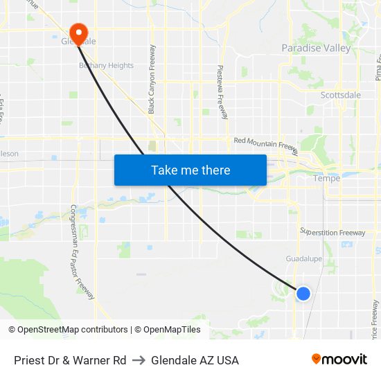 Priest Dr & Warner Rd to Glendale AZ USA map