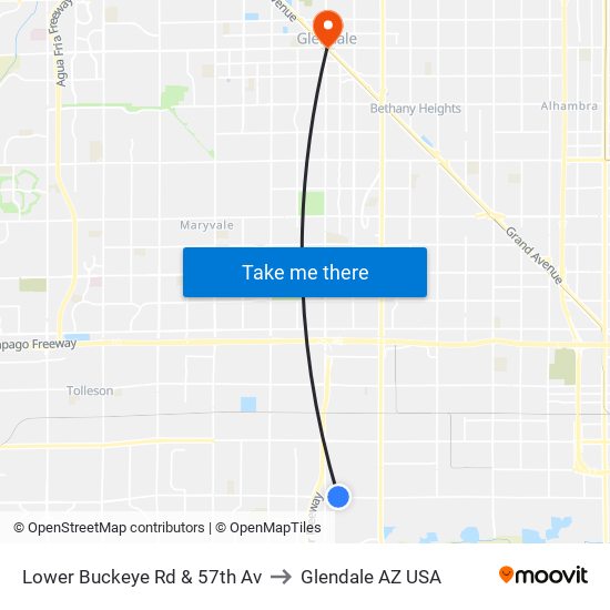 Lower Buckeye Rd & 57th Av to Glendale AZ USA map