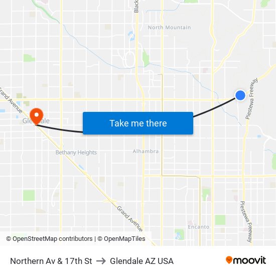 Northern Av & 17th St to Glendale AZ USA map