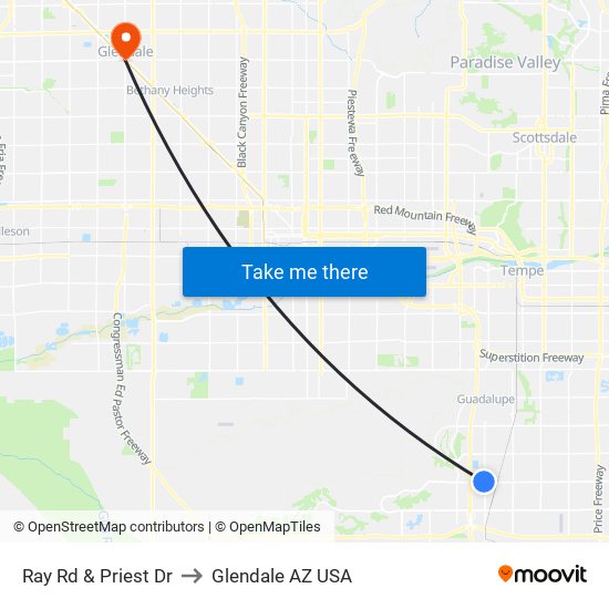 Ray Rd & Priest Dr to Glendale AZ USA map