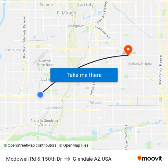 Mcdowell Rd & 150th Dr to Glendale AZ USA map