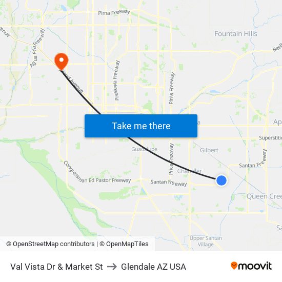 Val Vista Dr & Market St to Glendale AZ USA map