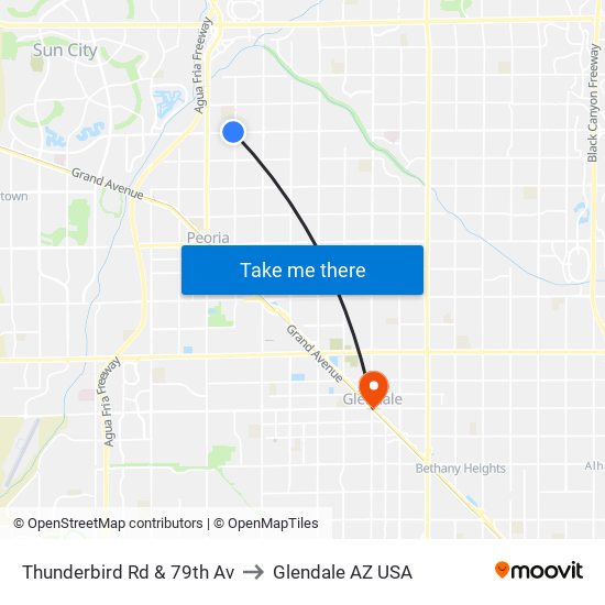 Thunderbird Rd & 79th Av to Glendale AZ USA map