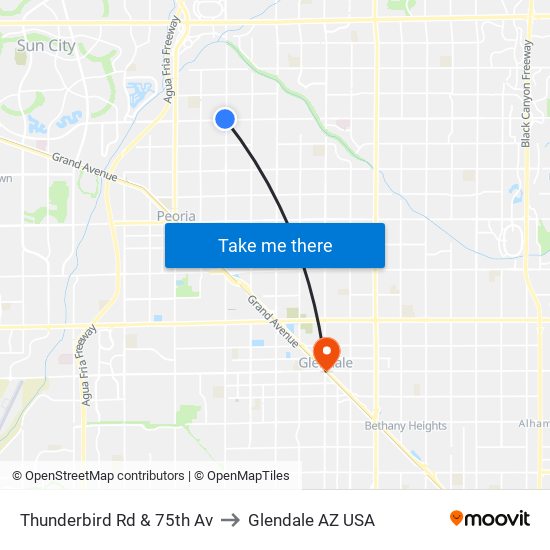 Thunderbird Rd & 75th Av to Glendale AZ USA map