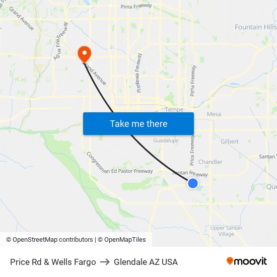Price Rd & Wells Fargo to Glendale AZ USA map