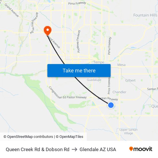 Queen Creek Rd & Dobson Rd to Glendale AZ USA map