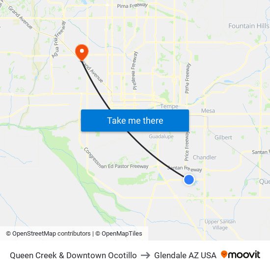 Queen Creek & Downtown Ocotillo to Glendale AZ USA map
