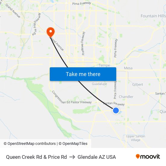 Queen Creek Rd & Price Rd to Glendale AZ USA map