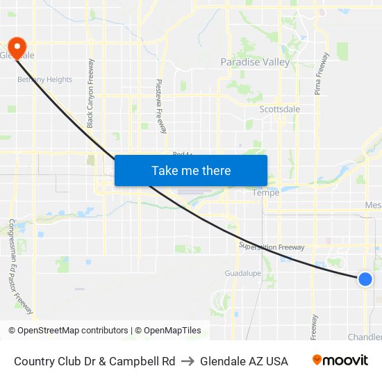 Country Club Dr & Campbell Rd to Glendale AZ USA map