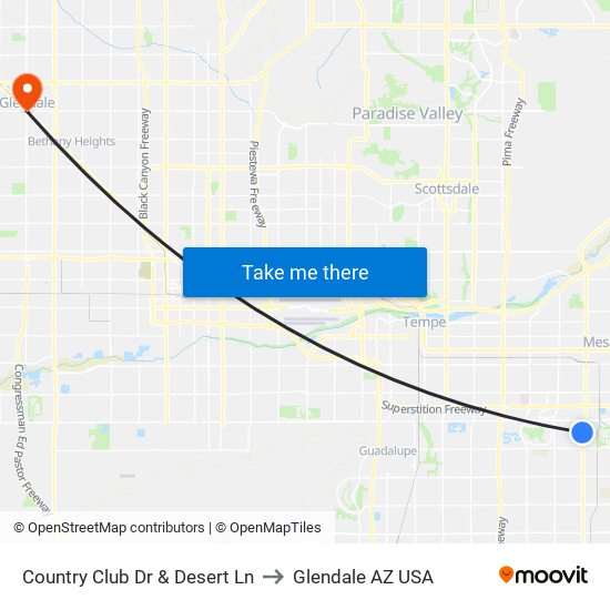 Country Club Dr & Desert Ln to Glendale AZ USA map