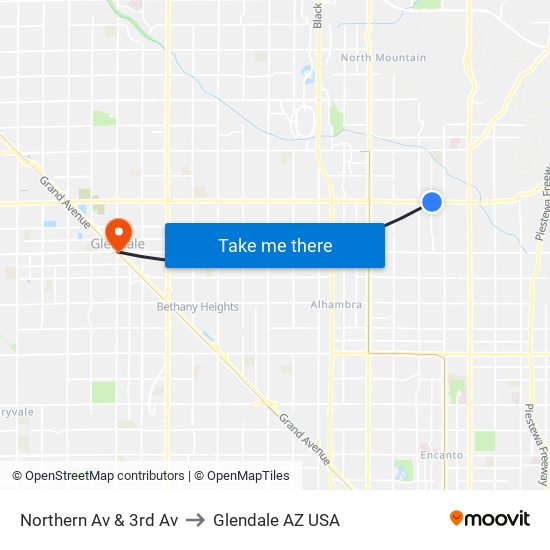 Northern Av & 3rd Av to Glendale AZ USA map