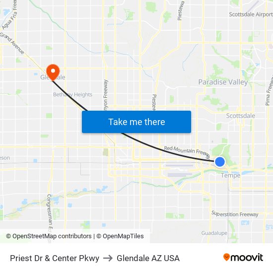 Priest Dr & Center Pkwy to Glendale AZ USA map