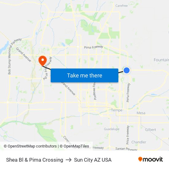 Shea Bl & Pima Crossing to Sun City AZ USA map